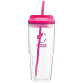 24 Oz. Clear Gulp Tumbler Cup W/Fuchsia Lid & Straw